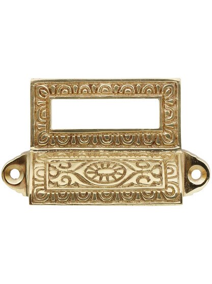 Egg and Dart Solid-Brass Bin Pull with Label Holder in Un-Lacquered Brass.